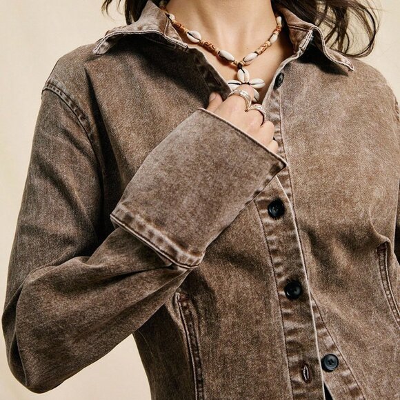 Brown Casual Western Women's Acid Wash Distressed Denim Jacket - Picture 4 of 7